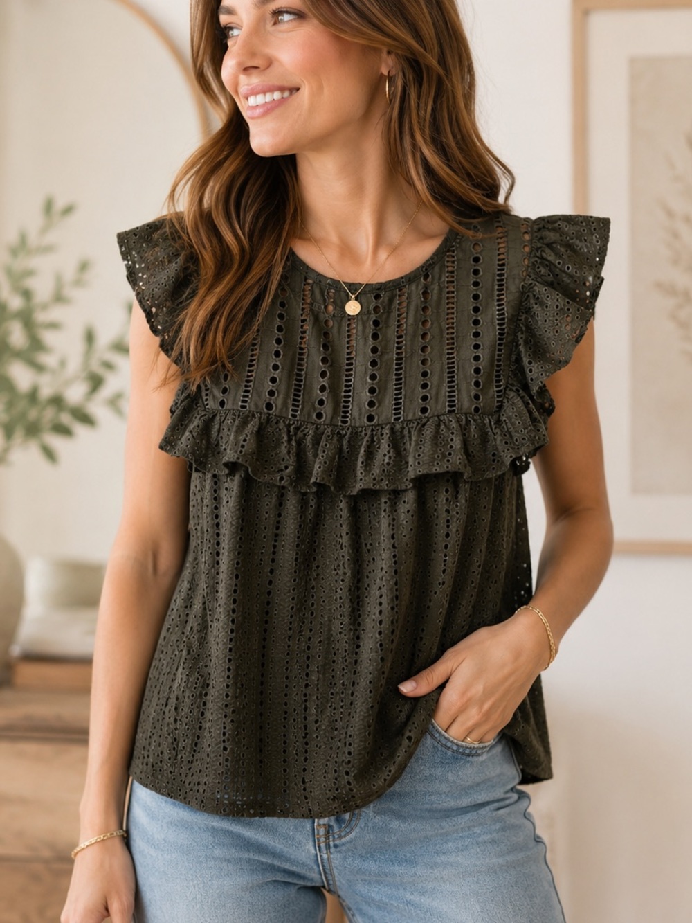 Banana Republic Eyelet Blouse Petite Large Olive Green Ruffle Sleeves Boho Top